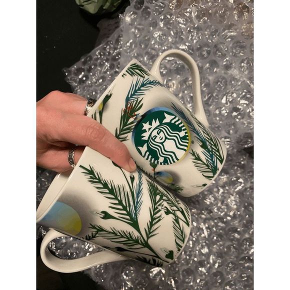 STARBUCKS 2020 Christmas Holiday Pine Branches Lights 11oz Coffee Mugs Pair - Picture 2 of 4